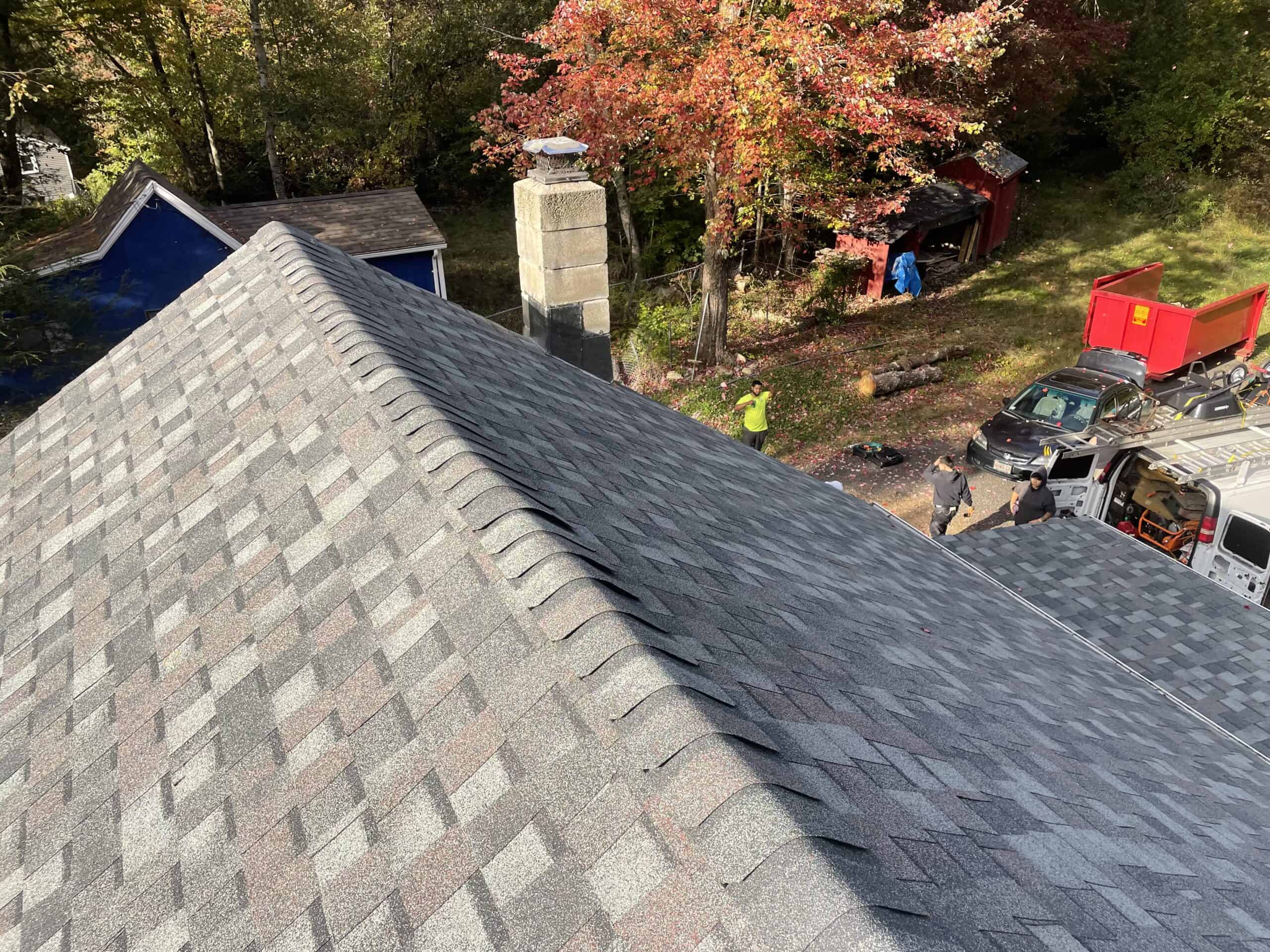 an aerial view of a shingled roof.
